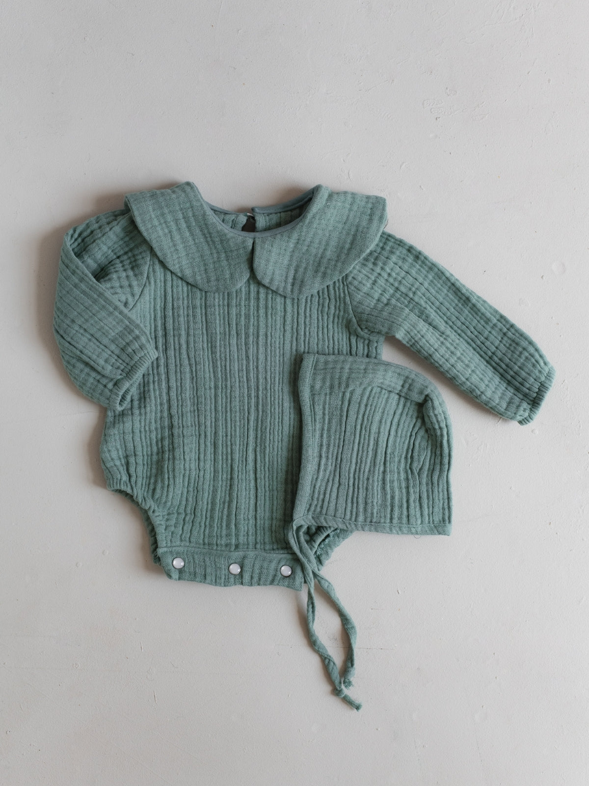 Green Muslin Romper and Hat
